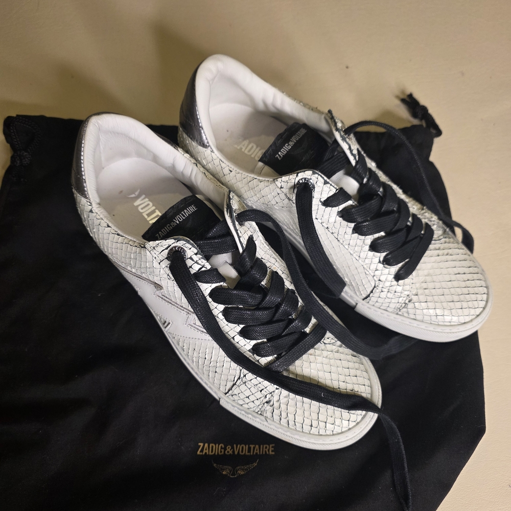 Zadig & Voltaire Black and White Snake Pattern Sneakers